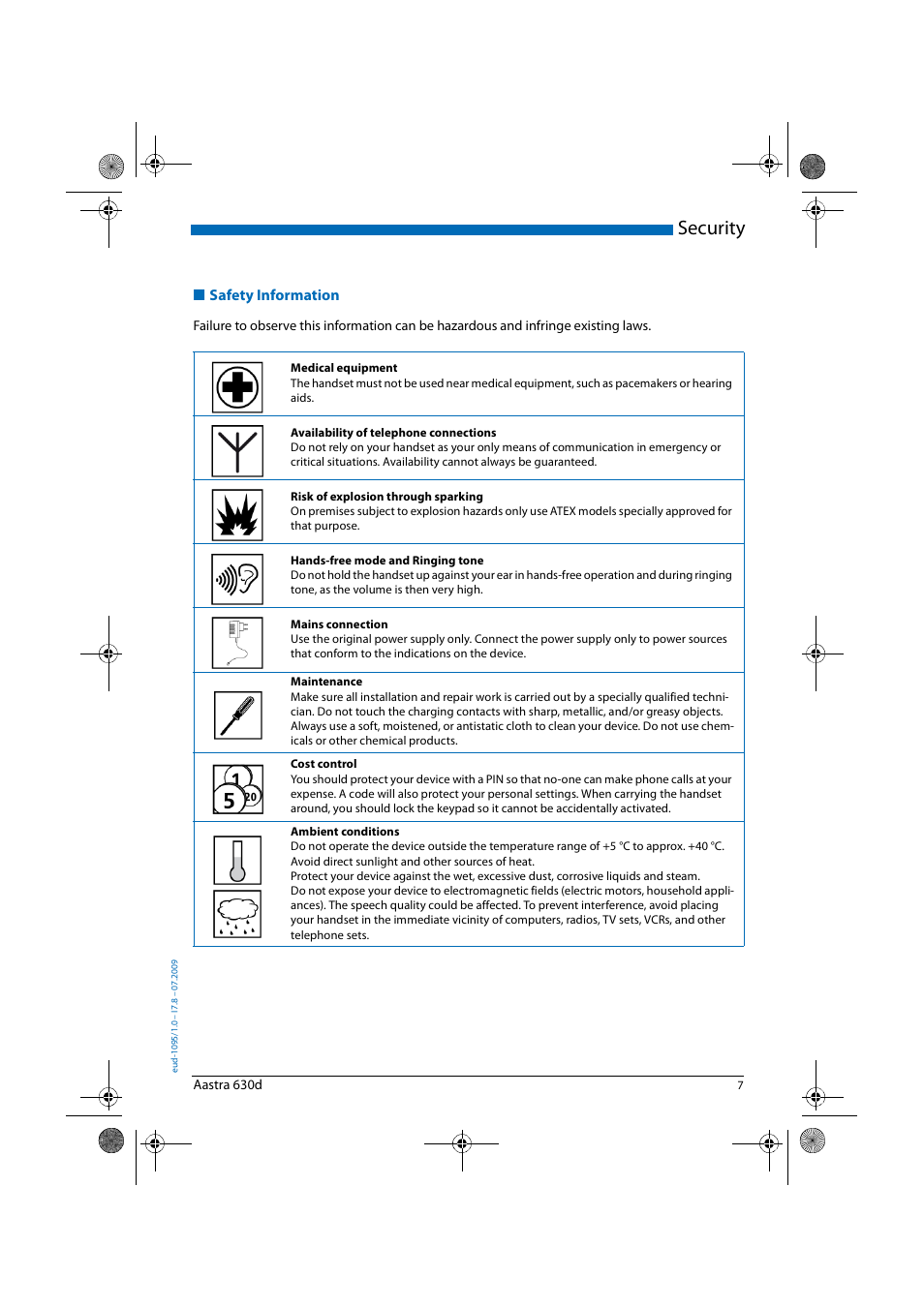 Security, Safety information | AASTRA 630d for Aastra IntelliGate User Guide EN User Manual | Page 7 / 84