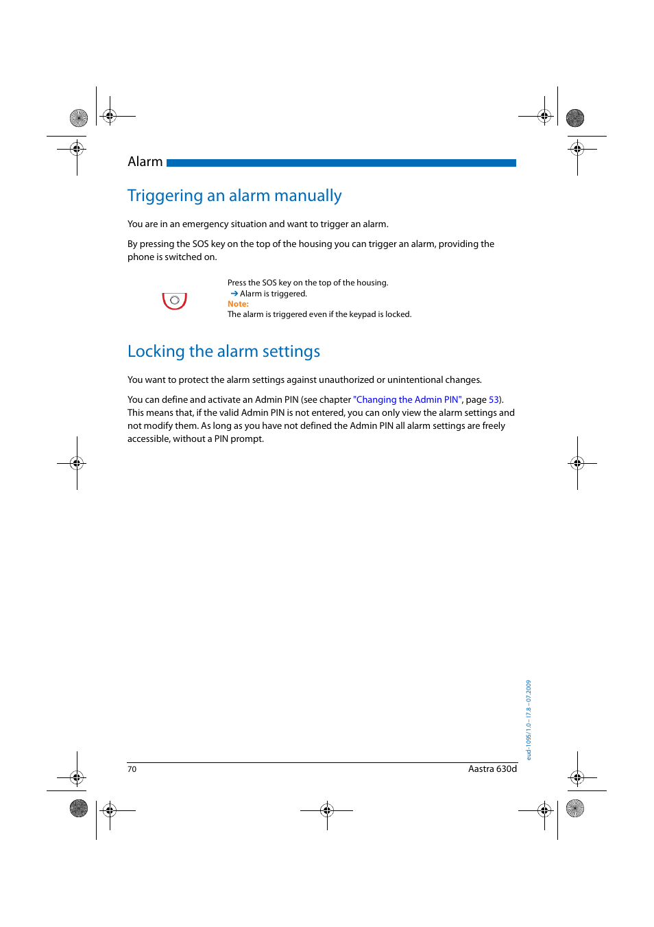 Triggering an alarm manually, Locking the alarm settings, Apter | Alarm | AASTRA 630d for Aastra IntelliGate User Guide EN User Manual | Page 70 / 84