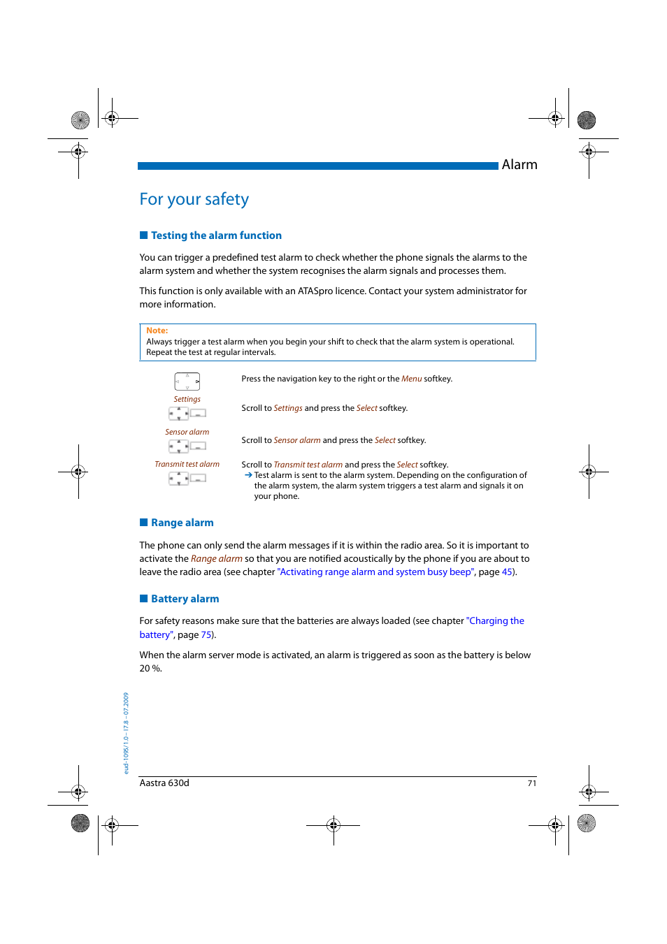 For your safety, Testing the alarm function, Range alarm | Battery alarm, Alarm | AASTRA 630d for Aastra IntelliGate User Guide EN User Manual | Page 71 / 84