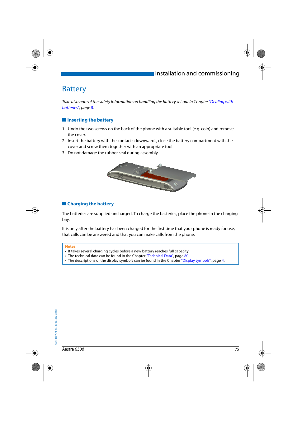 Battery, Inserting the battery, Charging the battery | Charging the, Installation and commissioning | AASTRA 630d for Aastra IntelliGate User Guide EN User Manual | Page 75 / 84