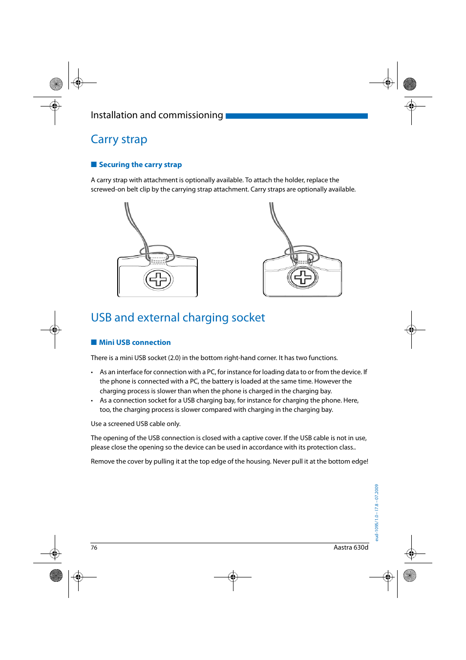 Carry strap, Securing the carry strap, Usb and external charging socket | Mini usb connection, Carry strap usb and external charging socket, Installation and commissioning | AASTRA 630d for Aastra IntelliGate User Guide EN User Manual | Page 76 / 84