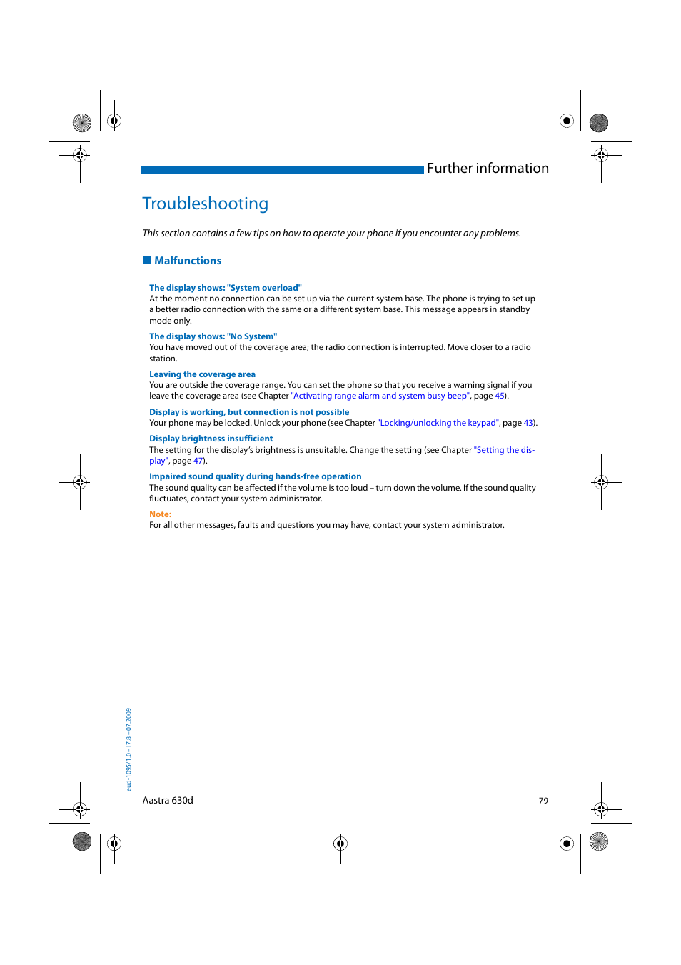 Troubleshooting, Malfunctions, Further information | AASTRA 630d for Aastra IntelliGate User Guide EN User Manual | Page 79 / 84