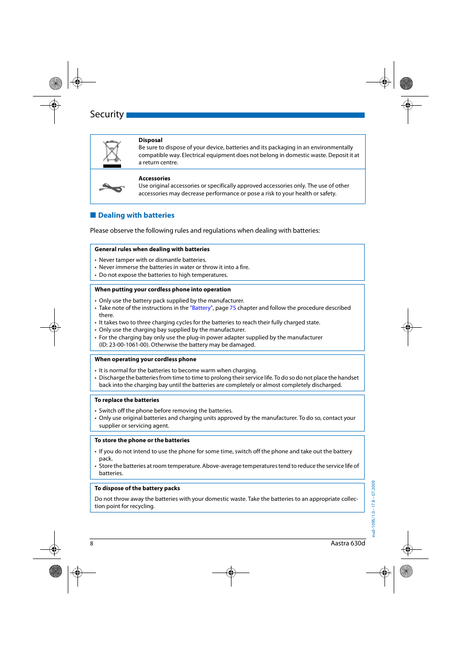 Dealing with batteries, Security | AASTRA 630d for Aastra IntelliGate User Guide EN User Manual | Page 8 / 84