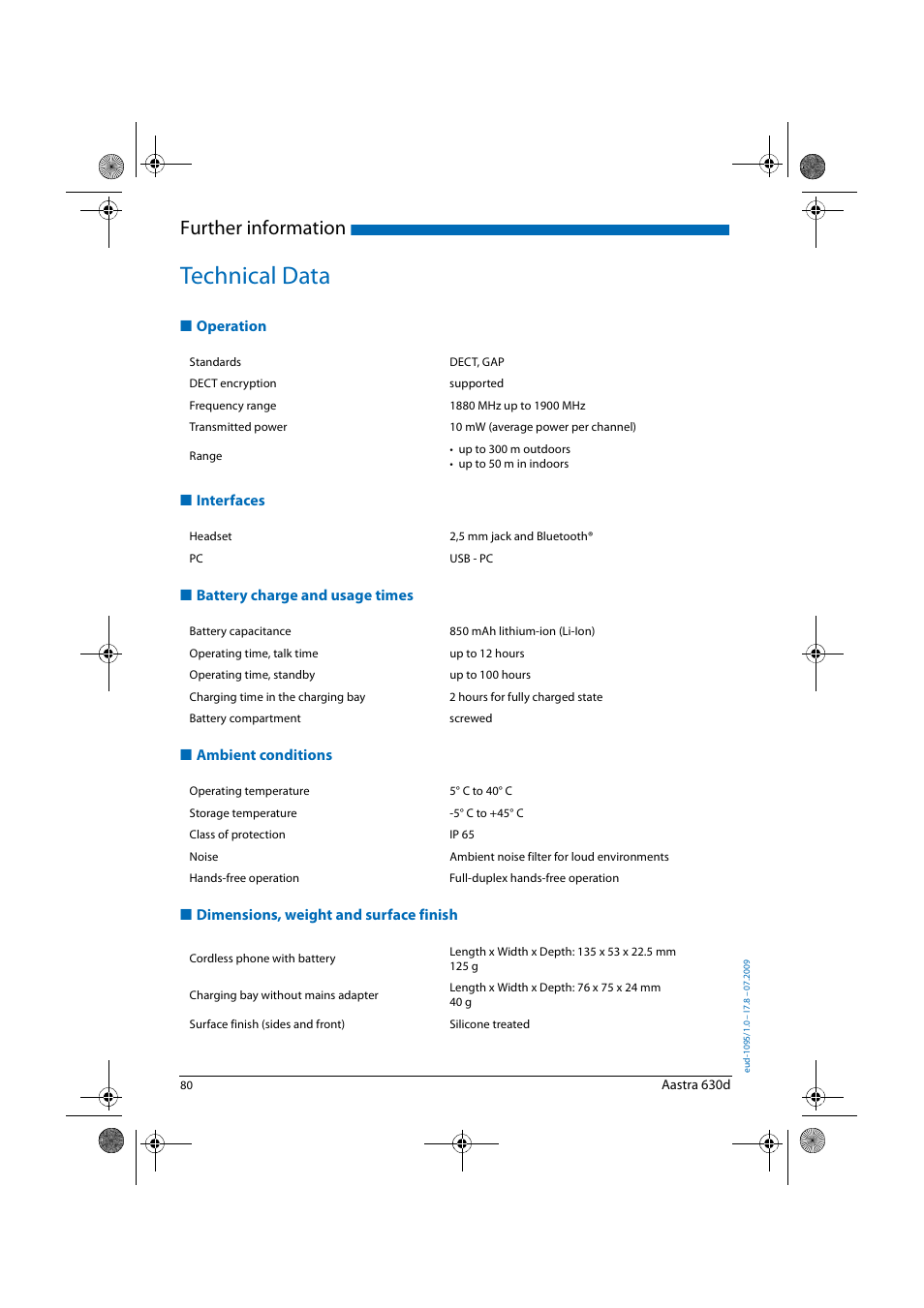 Technical data, Operation, Interfaces | Battery charge and usage times, Ambient conditions, Dimensions, weight and surface finish, Apter, Further information | AASTRA 630d for Aastra IntelliGate User Guide EN User Manual | Page 80 / 84
