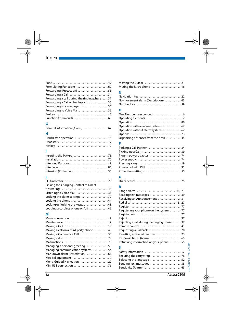 Index | AASTRA 630d for Aastra IntelliGate User Guide EN User Manual | Page 82 / 84