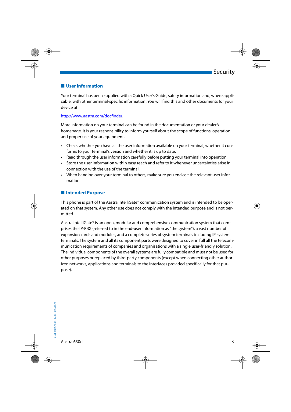 User information, Intended purpose, Security | AASTRA 630d for Aastra IntelliGate User Guide EN User Manual | Page 9 / 84