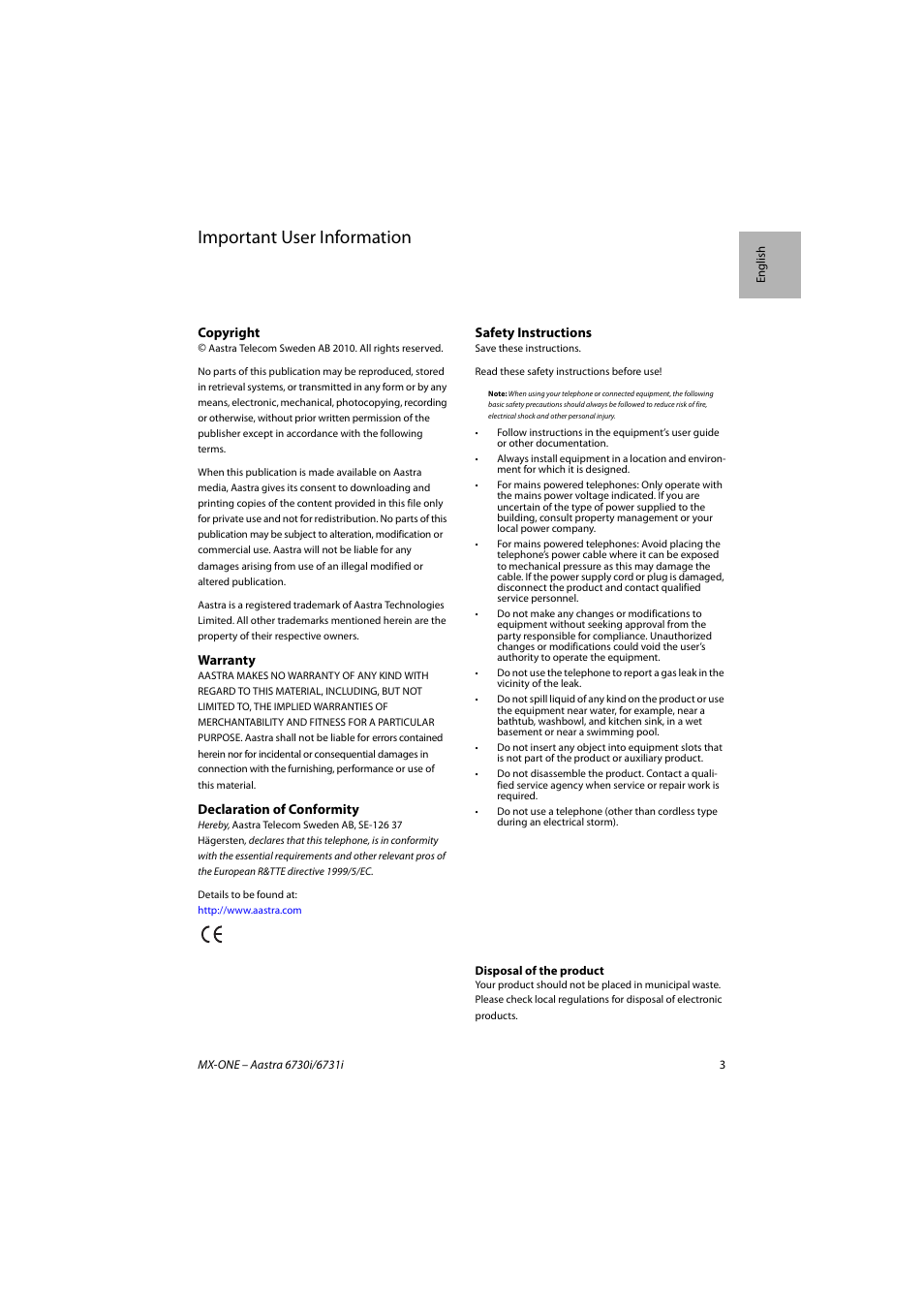 Important user information | AASTRA 6731i for MX-ONE Quick Reference Guide EN User Manual | Page 3 / 13