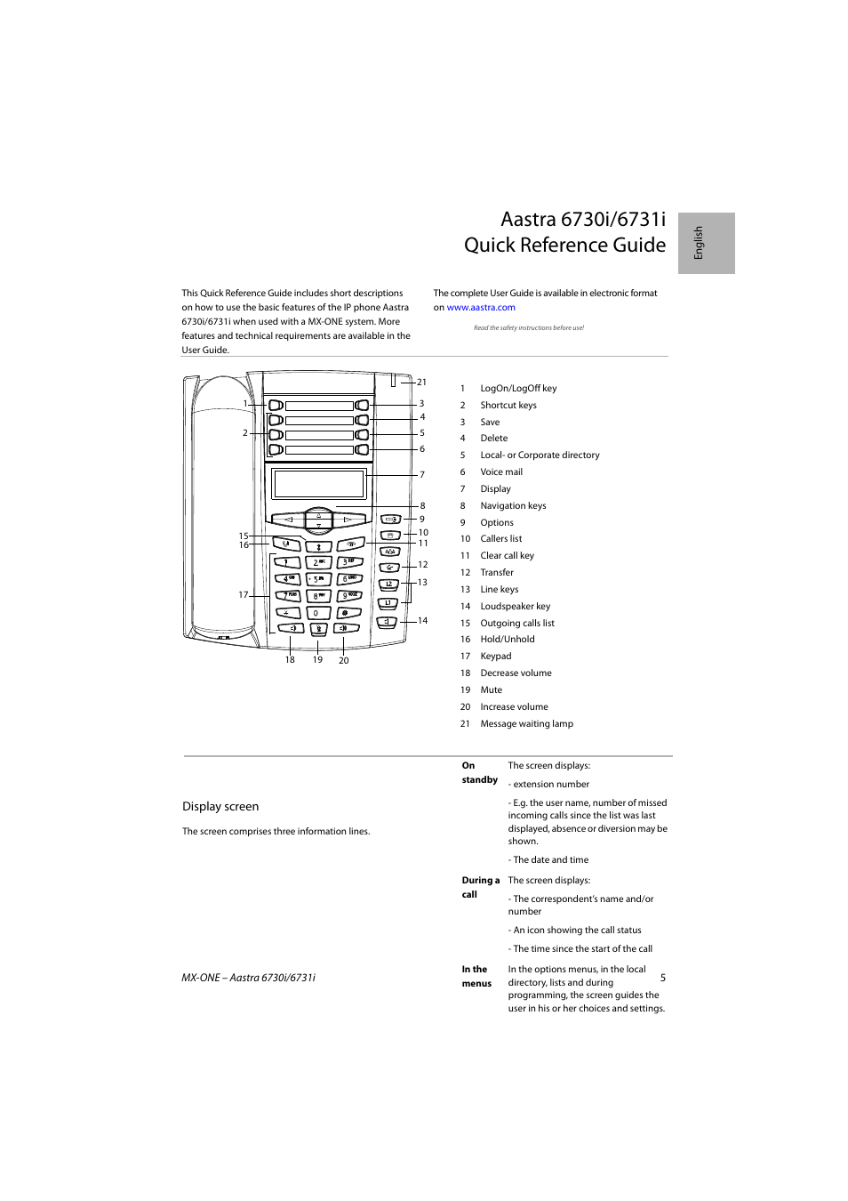 AASTRA 6731i for MX-ONE Quick Reference Guide EN User Manual | Page 5 / 13