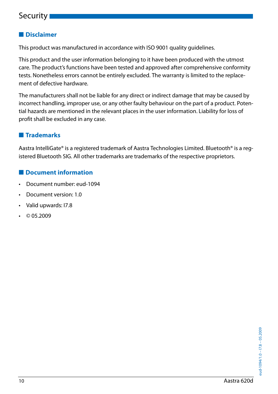 Disclaimer, Trademarks, Document information | Security | AASTRA 620d for Aastra IntelliGate User Guide EN User Manual | Page 10 / 81