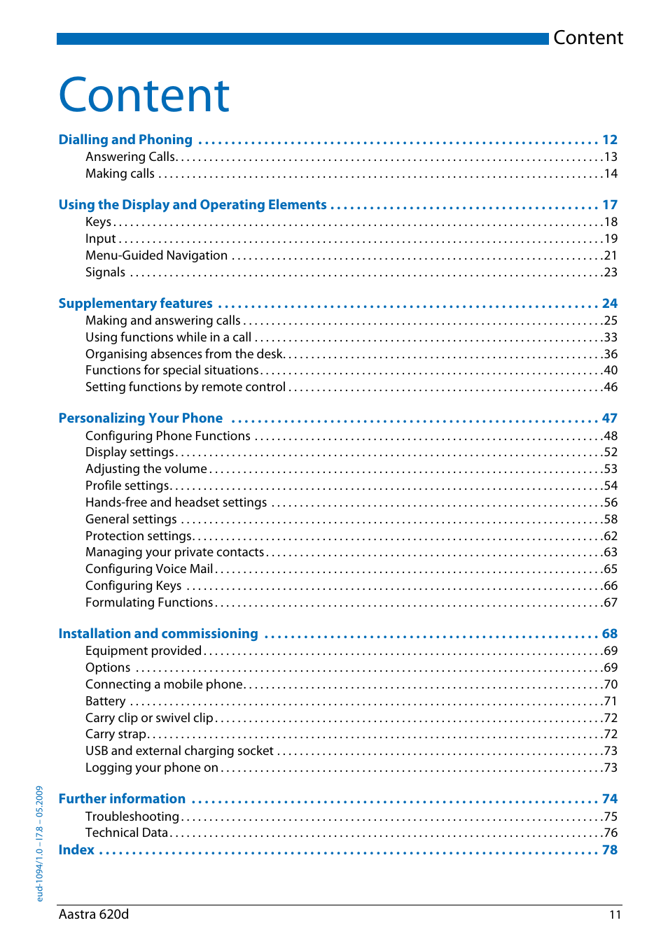 Content | AASTRA 620d for Aastra IntelliGate User Guide EN User Manual | Page 11 / 81