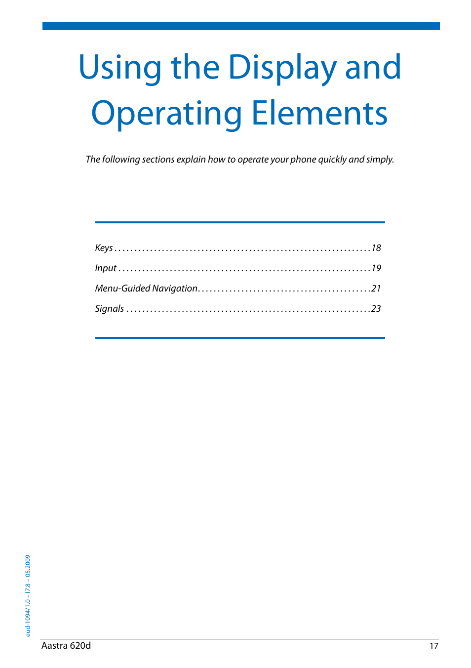 Using the display and operating elements | AASTRA 620d for Aastra IntelliGate User Guide EN User Manual | Page 17 / 81