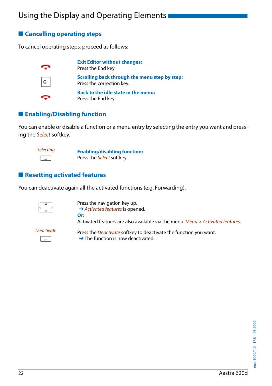 Cancelling operating steps, Enabling/disabling function, Resetting activated features | Using the display and operating elements | AASTRA 620d for Aastra IntelliGate User Guide EN User Manual | Page 22 / 81