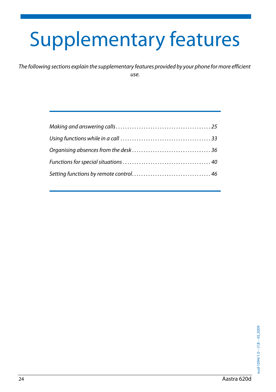 Supplementary features | AASTRA 620d for Aastra IntelliGate User Guide EN User Manual | Page 24 / 81