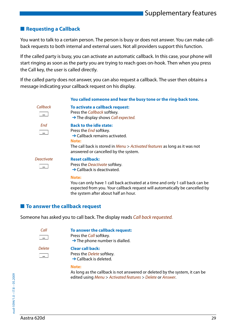 Requesting a callback, To answer the callback request, Supplementary features | AASTRA 620d for Aastra IntelliGate User Guide EN User Manual | Page 29 / 81