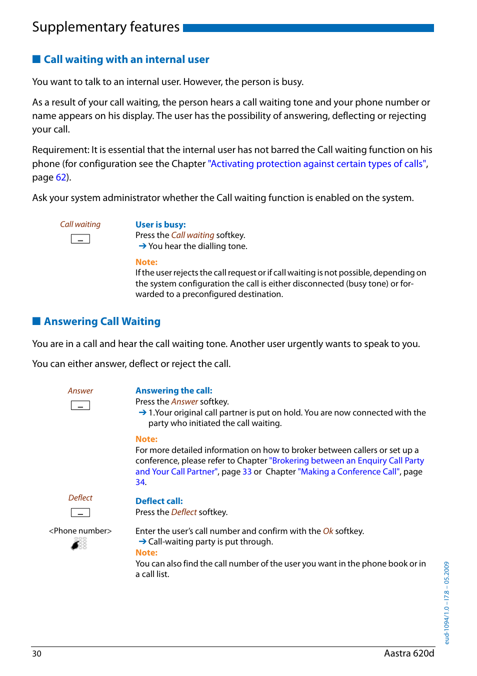 Call waiting with an internal user, Answering call waiting, Supplementary features | AASTRA 620d for Aastra IntelliGate User Guide EN User Manual | Page 30 / 81