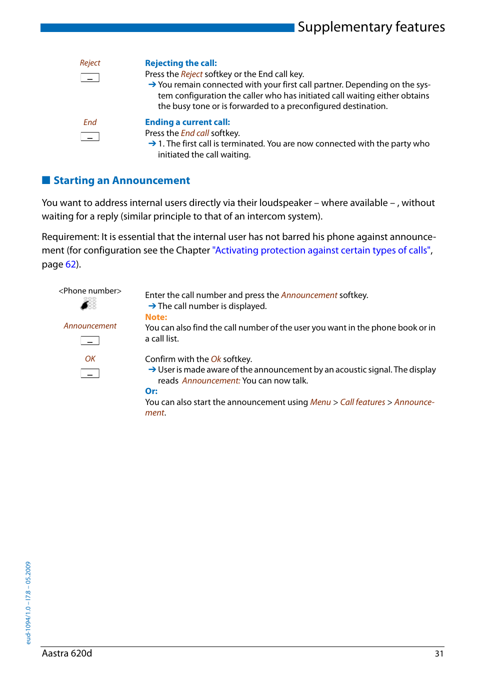 Starting an announcement, Supplementary features | AASTRA 620d for Aastra IntelliGate User Guide EN User Manual | Page 31 / 81
