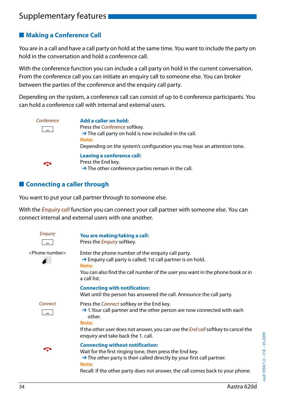 Making a conference call, Connecting a caller through, Supplementary features | AASTRA 620d for Aastra IntelliGate User Guide EN User Manual | Page 34 / 81