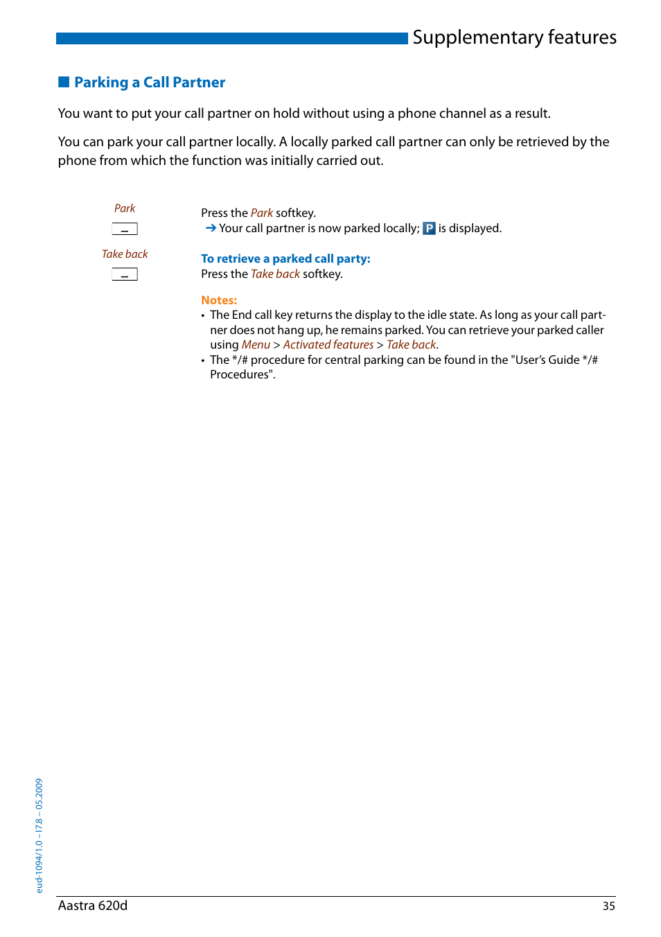 Parking a call partner, Supplementary features | AASTRA 620d for Aastra IntelliGate User Guide EN User Manual | Page 35 / 81