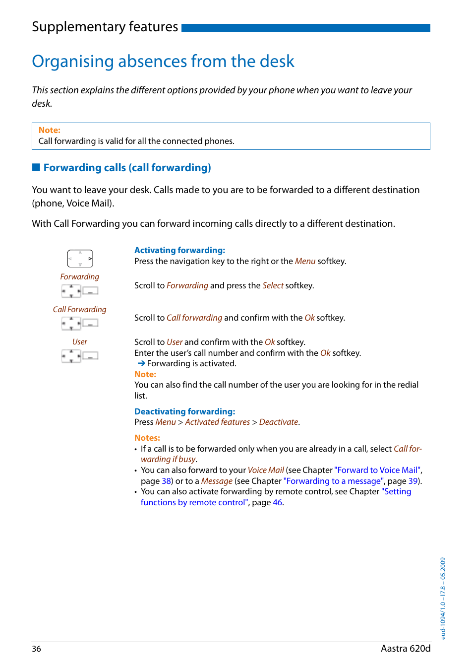 Organising absences from the desk, Forwarding calls (call forwarding), Supplementary features | AASTRA 620d for Aastra IntelliGate User Guide EN User Manual | Page 36 / 81