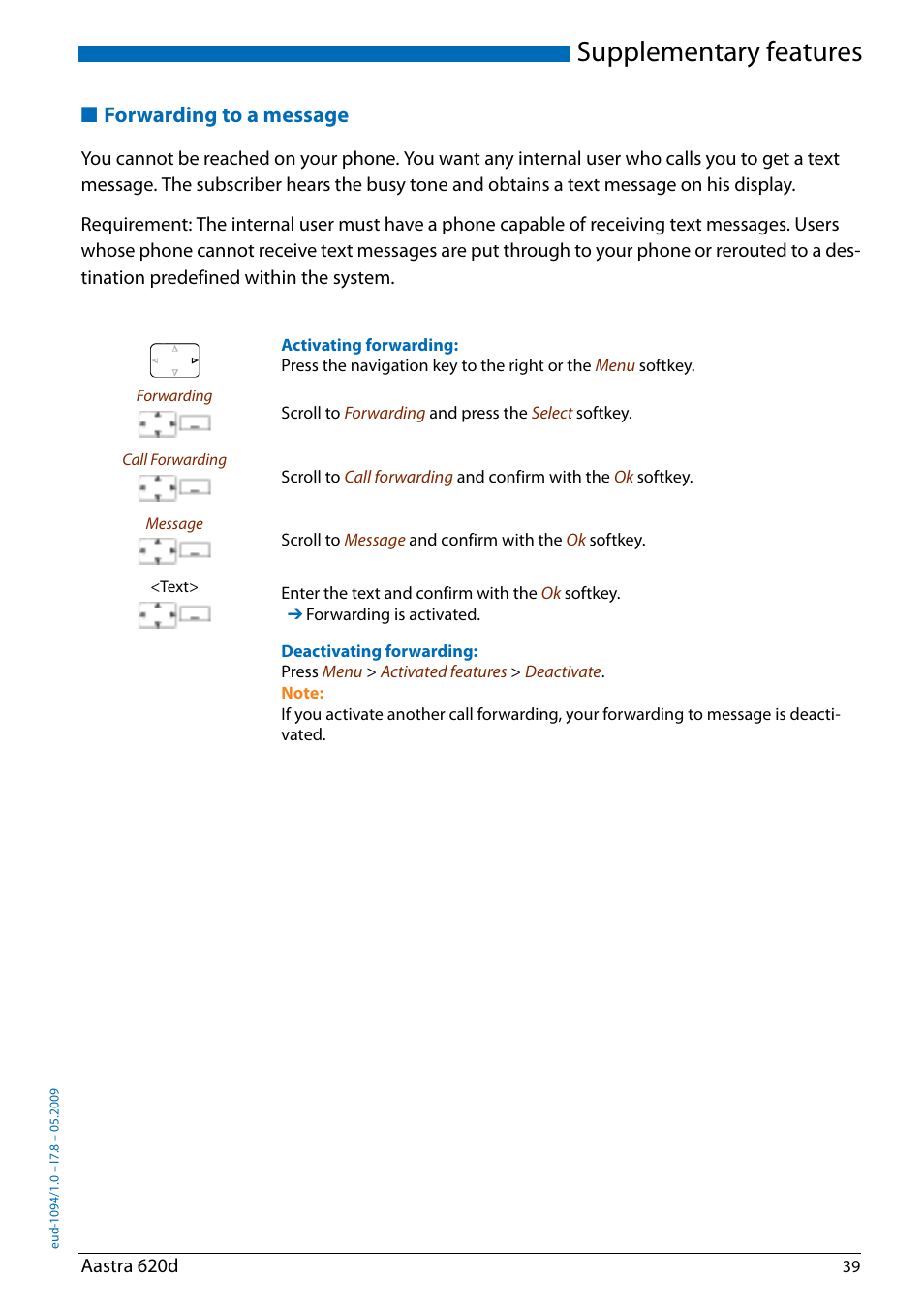 Forwarding to a message, Supplementary features | AASTRA 620d for Aastra IntelliGate User Guide EN User Manual | Page 39 / 81