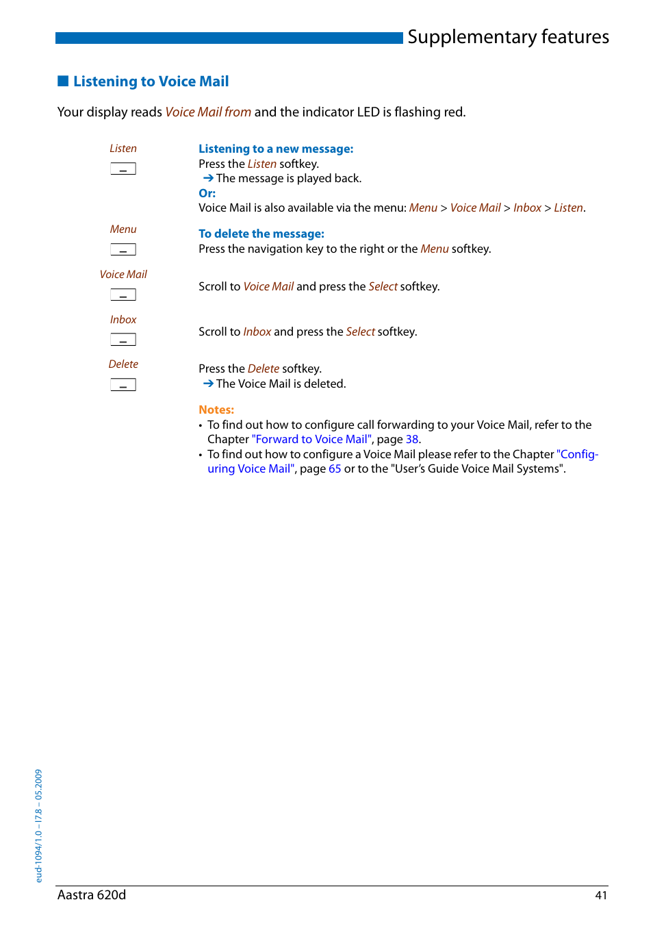 Listening to voice mail, Supplementary features | AASTRA 620d for Aastra IntelliGate User Guide EN User Manual | Page 41 / 81