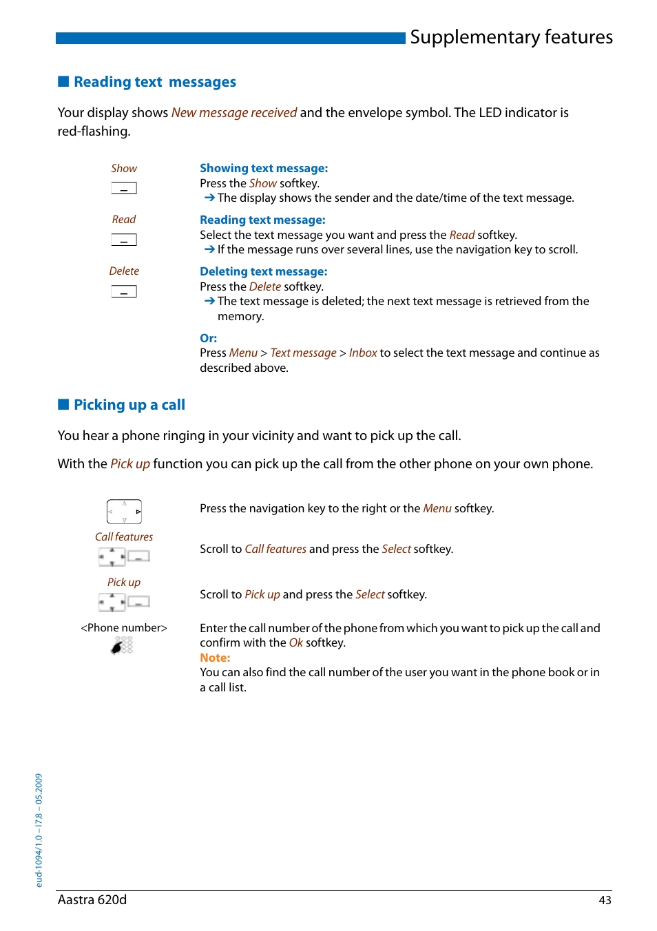 Reading text messages, Picking up a call, Supplementary features | AASTRA 620d for Aastra IntelliGate User Guide EN User Manual | Page 43 / 81