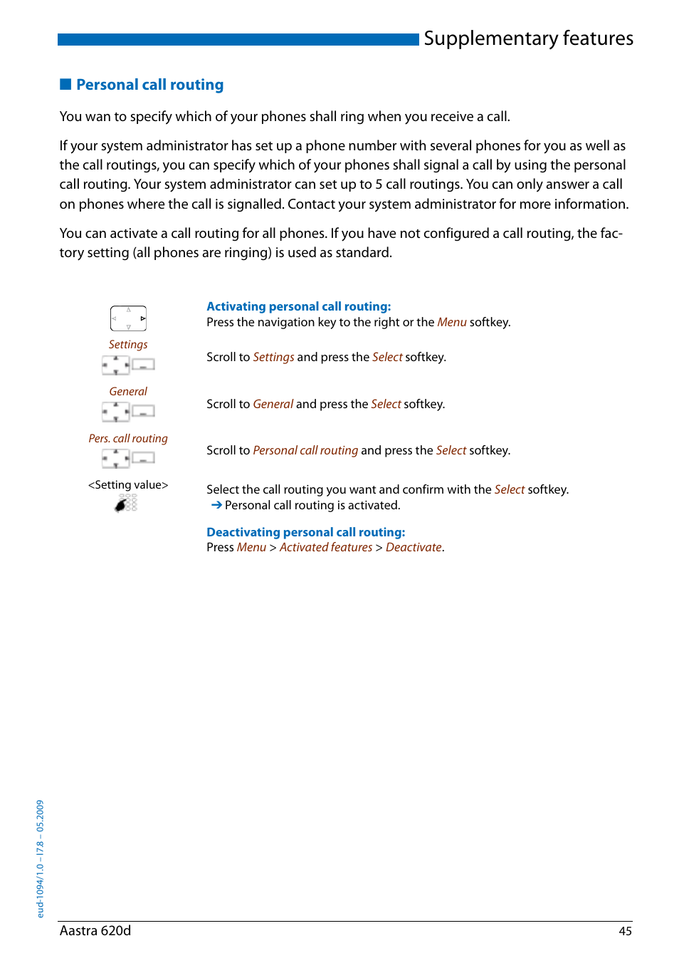 Personal call routing, Supplementary features | AASTRA 620d for Aastra IntelliGate User Guide EN User Manual | Page 45 / 81