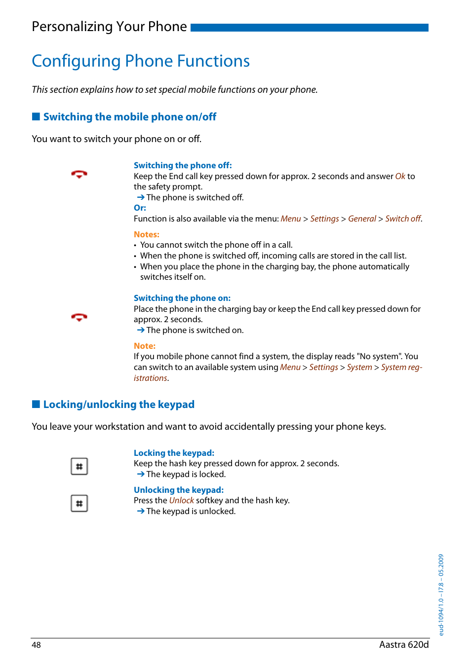 Configuring phone functions, Switching the mobile phone on/off, Locking/unlocking the keypad | Personalizing your phone | AASTRA 620d for Aastra IntelliGate User Guide EN User Manual | Page 48 / 81