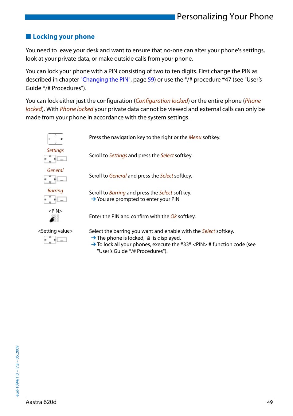 Locking your phone, Personalizing your phone | AASTRA 620d for Aastra IntelliGate User Guide EN User Manual | Page 49 / 81