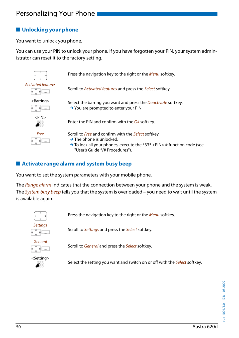 Unlocking your phone, Activate range alarm and system busy beep, Personalizing your phone | AASTRA 620d for Aastra IntelliGate User Guide EN User Manual | Page 50 / 81