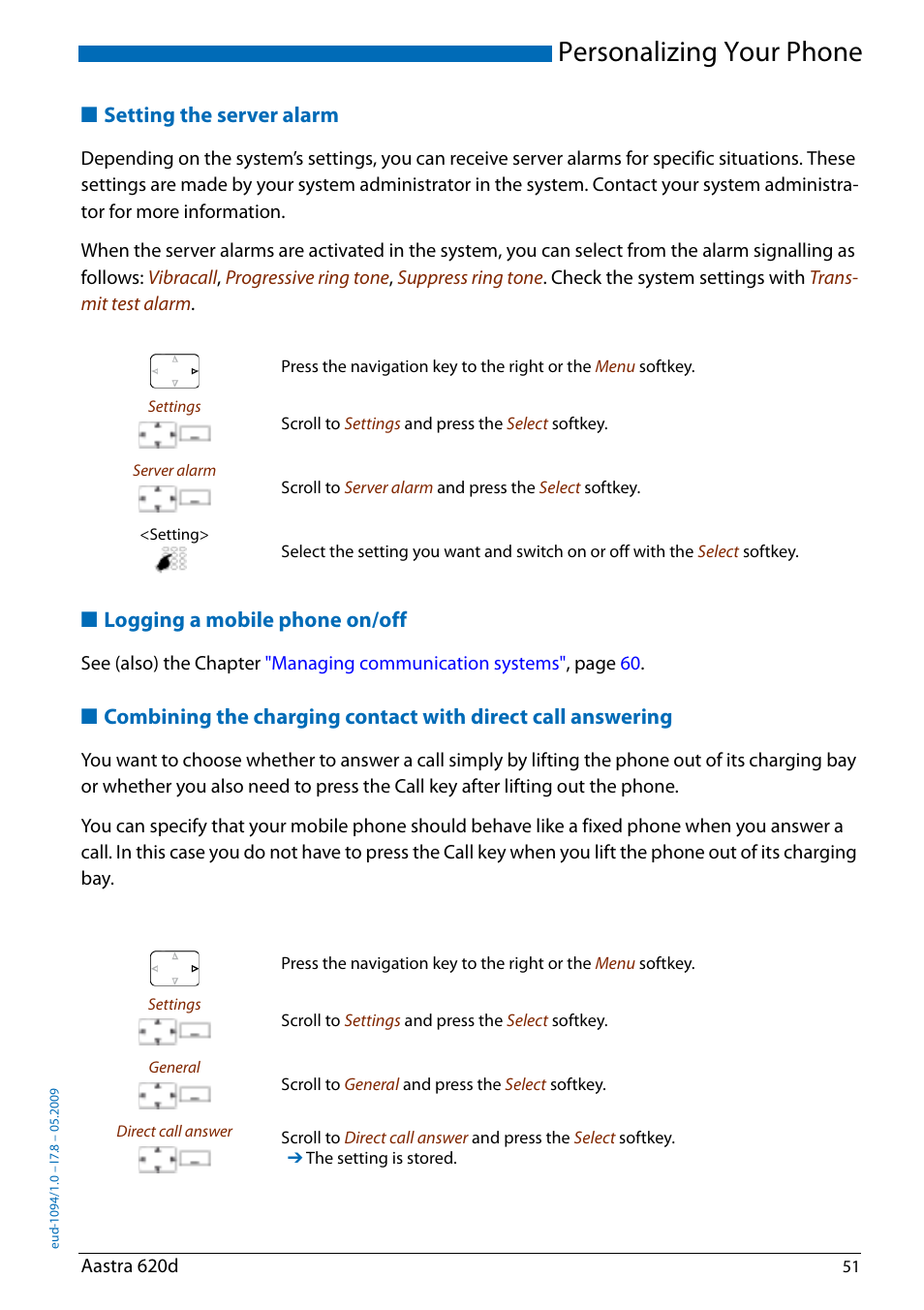 Setting the server alarm, Logging a mobile phone on/off, Personalizing your phone | AASTRA 620d for Aastra IntelliGate User Guide EN User Manual | Page 51 / 81
