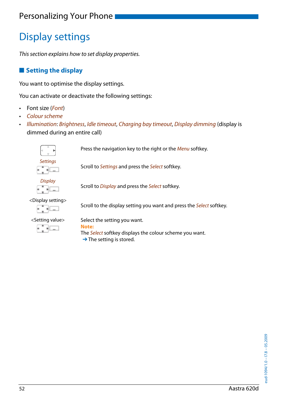 Display settings, Setting the display, Personalizing your phone | AASTRA 620d for Aastra IntelliGate User Guide EN User Manual | Page 52 / 81