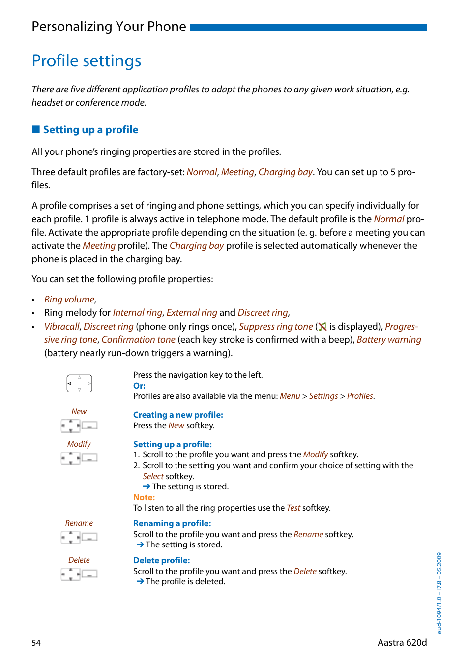 Profile settings, Setting up a profile, Personalizing your phone | AASTRA 620d for Aastra IntelliGate User Guide EN User Manual | Page 54 / 81