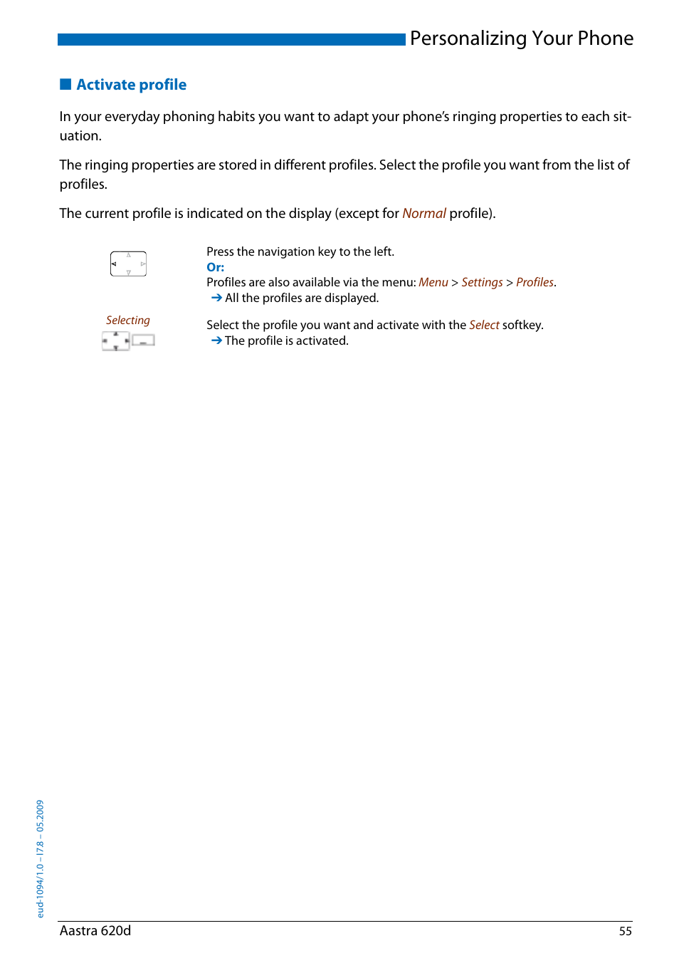 Activate profile, Personalizing your phone | AASTRA 620d for Aastra IntelliGate User Guide EN User Manual | Page 55 / 81