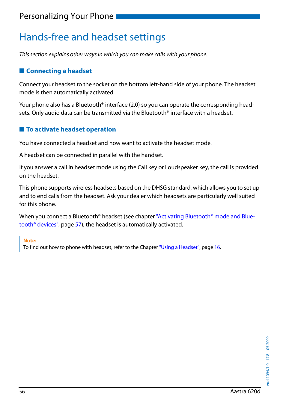 Hands-free and headset settings, Connecting a headset, To activate headset operation | To activate, Headset operation, Personalizing your phone | AASTRA 620d for Aastra IntelliGate User Guide EN User Manual | Page 56 / 81