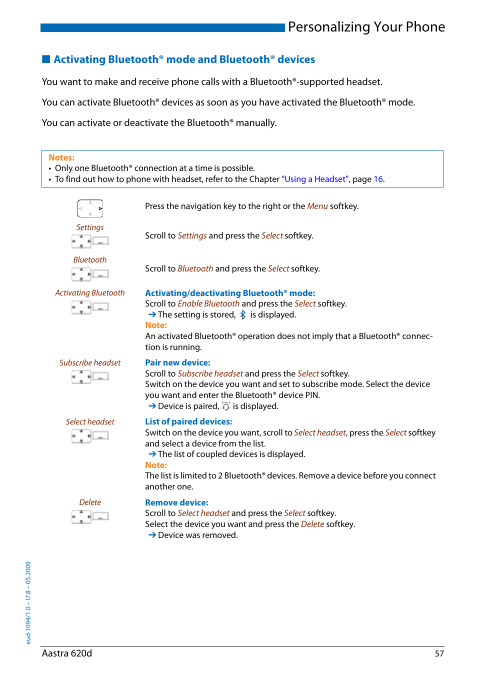 Activating bluetooth® mode and bluetooth® devices, Activating, Bluetooth® mode and bluetooth® devices | Activating bluetooth® mode and blue, Tooth® devices, Personalizing your phone | AASTRA 620d for Aastra IntelliGate User Guide EN User Manual | Page 57 / 81
