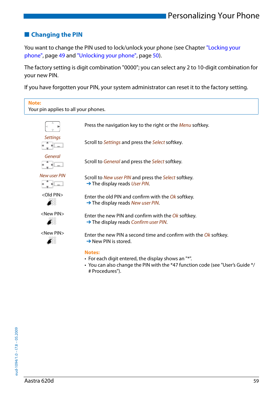 Changing the pin, Personalizing your phone | AASTRA 620d for Aastra IntelliGate User Guide EN User Manual | Page 59 / 81