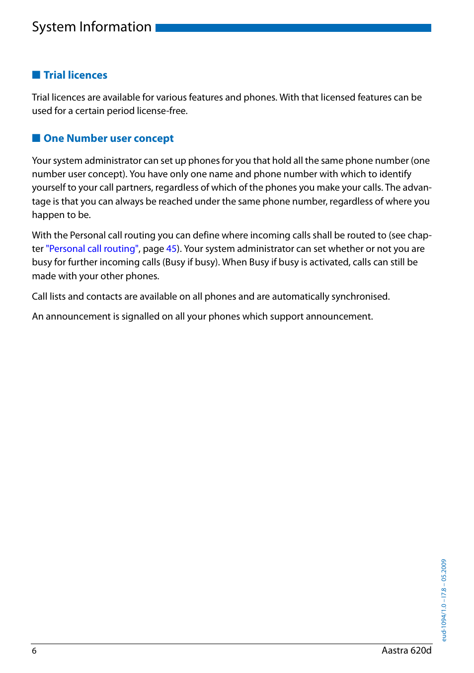 System information, Trial licences, One number user concept | AASTRA 620d for Aastra IntelliGate User Guide EN User Manual | Page 6 / 81