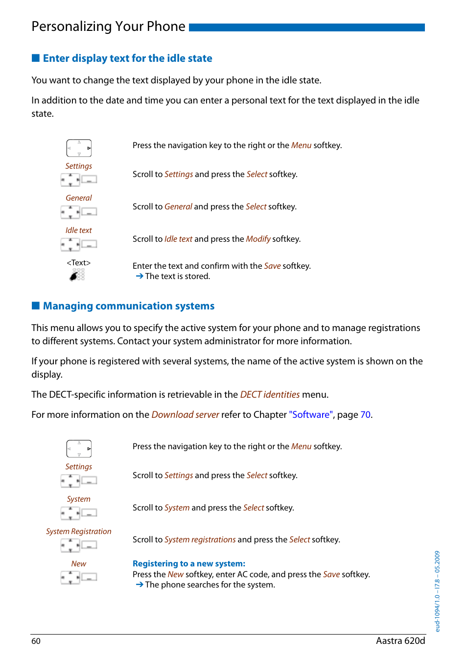 Enter display text for the idle state, Managing communication systems, Personalizing your phone | AASTRA 620d for Aastra IntelliGate User Guide EN User Manual | Page 60 / 81