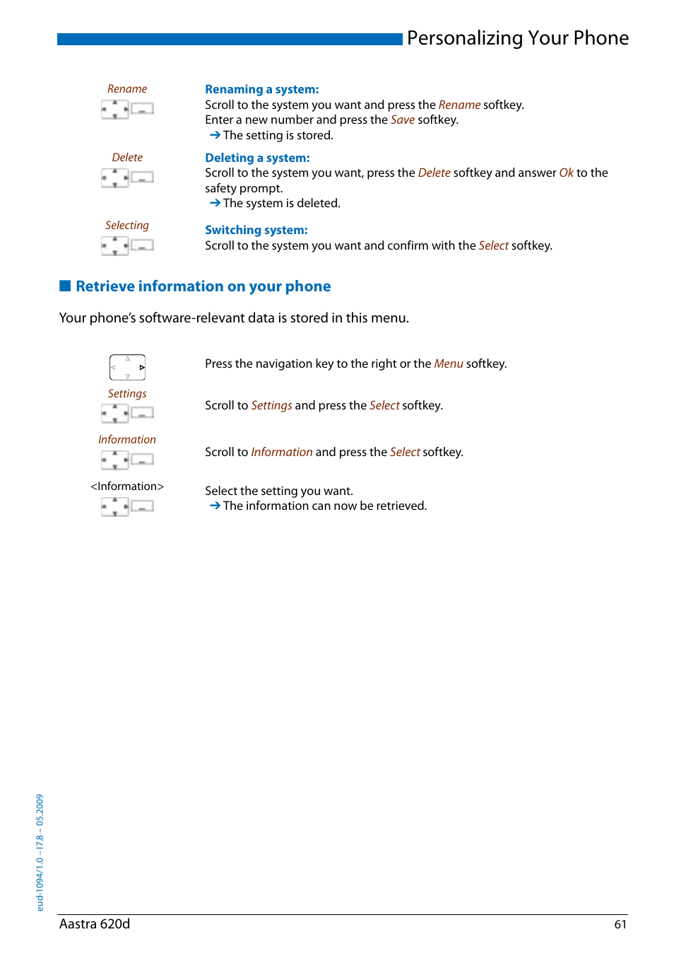 Retrieve information on your phone, Personalizing your phone | AASTRA 620d for Aastra IntelliGate User Guide EN User Manual | Page 61 / 81