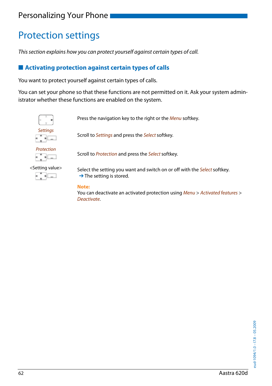 Protection settings, Personalizing your phone | AASTRA 620d for Aastra IntelliGate User Guide EN User Manual | Page 62 / 81