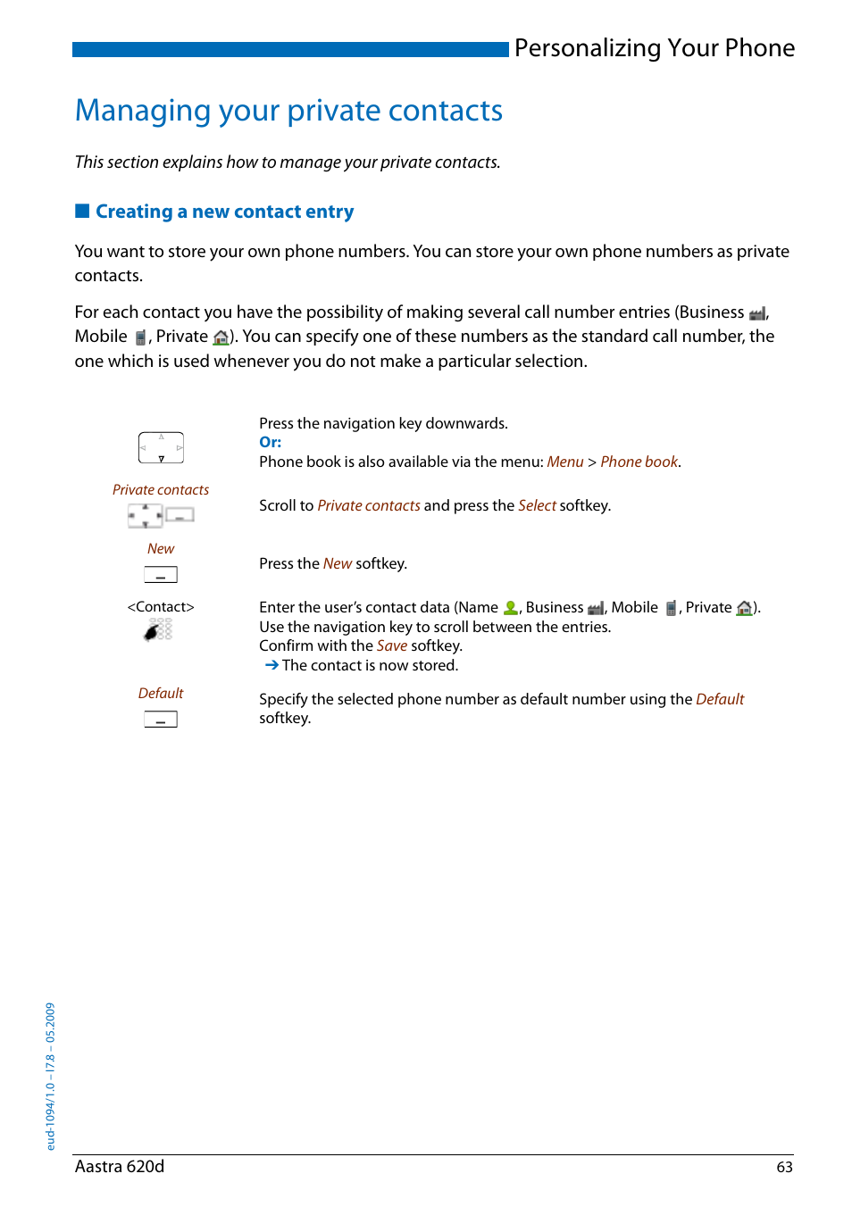 Managing your private contacts, Creating a new contact entry, Creating a | New contact entry, Personalizing your phone | AASTRA 620d for Aastra IntelliGate User Guide EN User Manual | Page 63 / 81