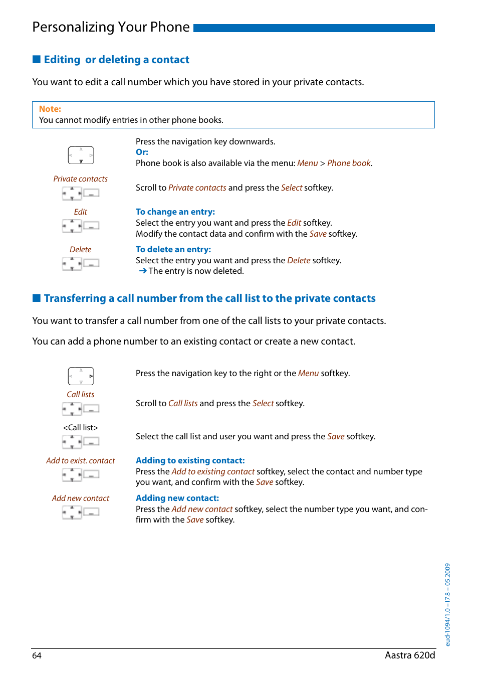 Editing or deleting a contact, Personalizing your phone | AASTRA 620d for Aastra IntelliGate User Guide EN User Manual | Page 64 / 81