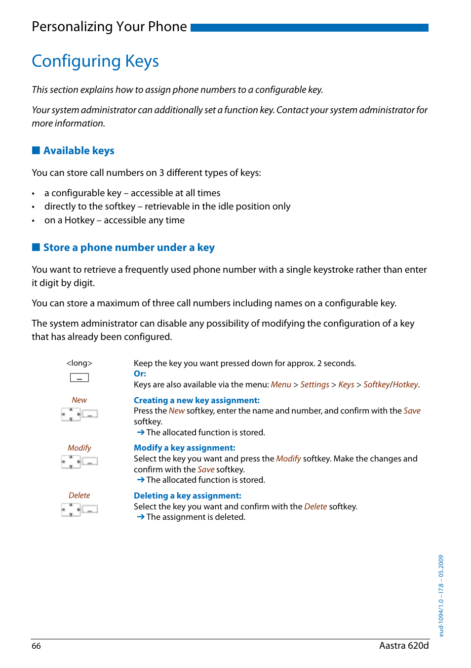 Configuring keys, Available keys, Store a phone number under a key | Store a phone number under a, Personalizing your phone | AASTRA 620d for Aastra IntelliGate User Guide EN User Manual | Page 66 / 81