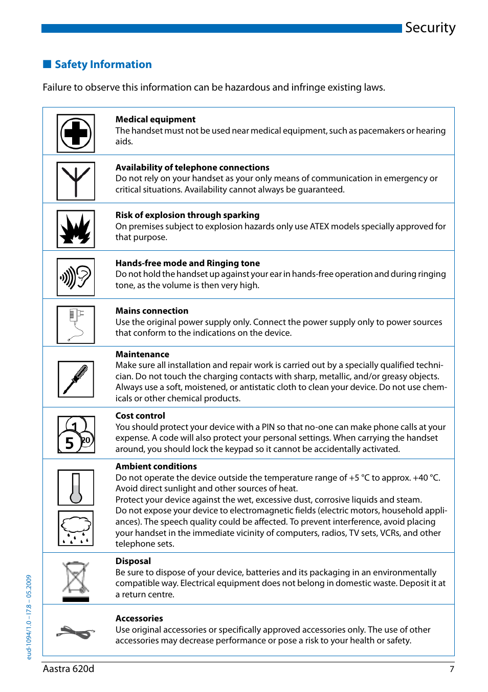 Security, Safety information, Aastra 620d | AASTRA 620d for Aastra IntelliGate User Guide EN User Manual | Page 7 / 81