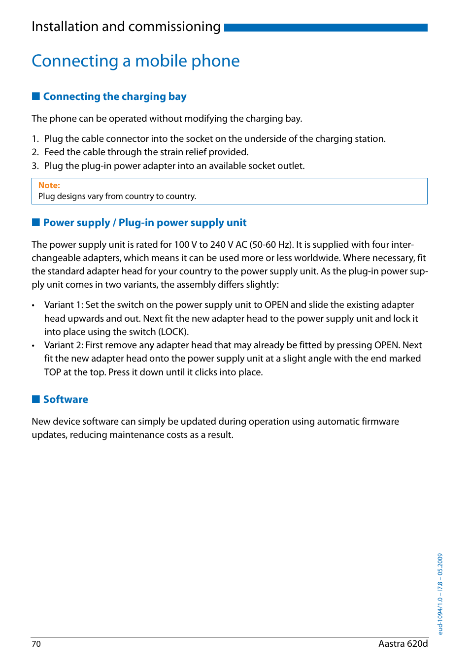 Connecting a mobile phone, Connecting the charging bay, Power supply / plug-in power supply unit | Software, Installation and commissioning | AASTRA 620d for Aastra IntelliGate User Guide EN User Manual | Page 70 / 81