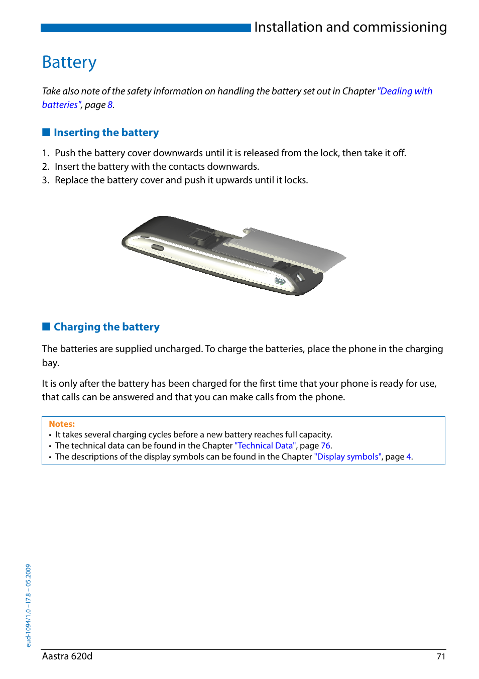 Battery, Inserting the battery, Charging the battery | Ions in the, Installation and commissioning | AASTRA 620d for Aastra IntelliGate User Guide EN User Manual | Page 71 / 81