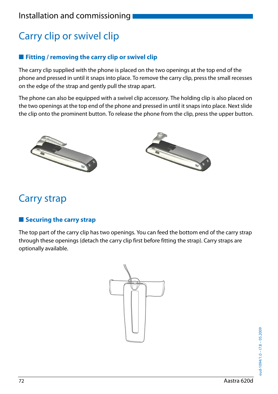 Carry clip or swivel clip, Fitting / removing the carry clip or swivel clip, Carry strap | Securing the carry strap, Carry clip or swivel clip carry strap, Installation and commissioning | AASTRA 620d for Aastra IntelliGate User Guide EN User Manual | Page 72 / 81