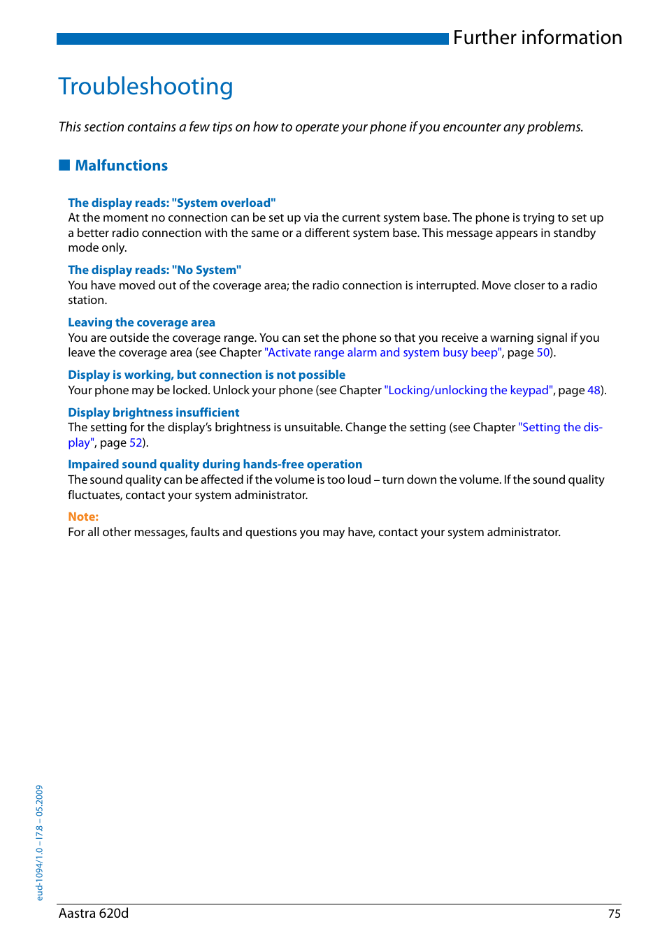 Troubleshooting, Malfunctions, Further information | AASTRA 620d for Aastra IntelliGate User Guide EN User Manual | Page 75 / 81