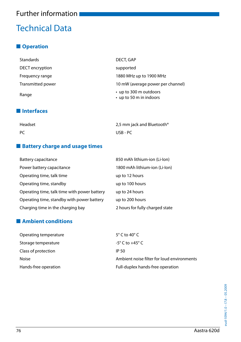 Technical data, Operation, Interfaces | Battery charge and usage times, Ambient conditions, Further information | AASTRA 620d for Aastra IntelliGate User Guide EN User Manual | Page 76 / 81